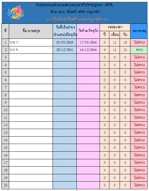 โปรแกรมคำนวนเวลาเพื่อทำวิทยฐานะ โดย สื่อฟรี with ครูมาร์ค
