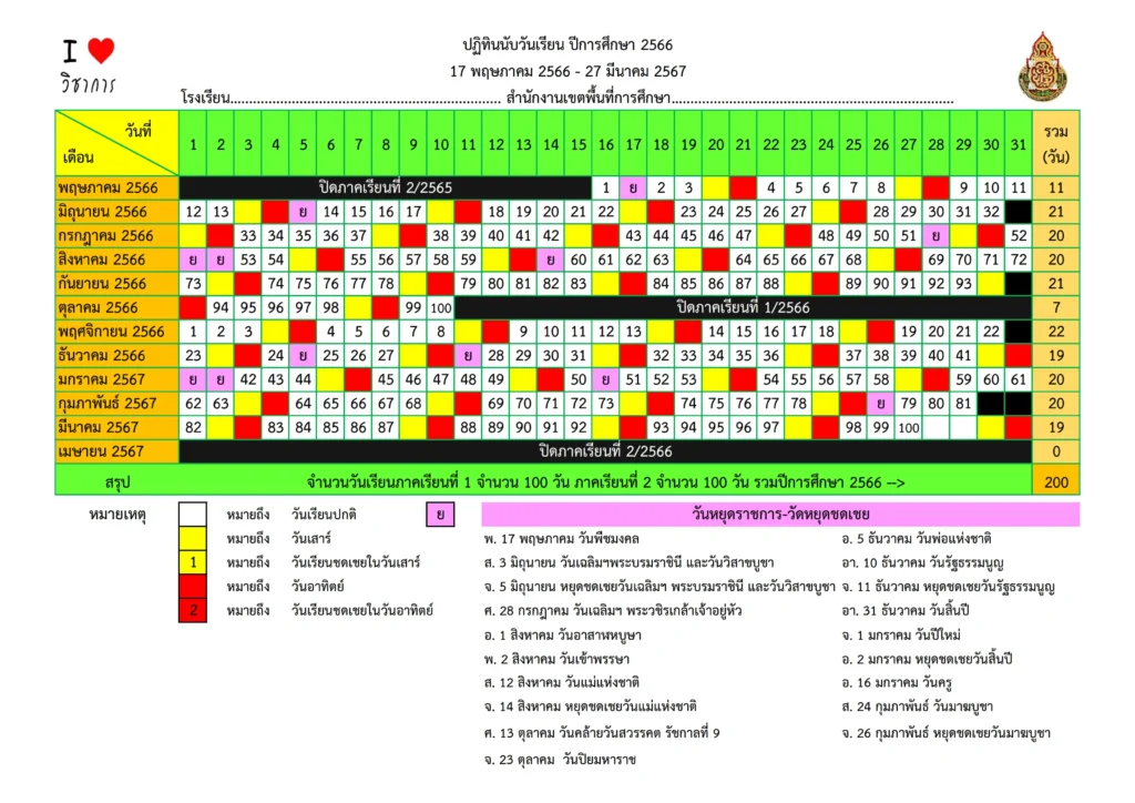 ปฏิทินการศึกษา 2566 นับวันเรียน 200 วัน ไฟล์ excel