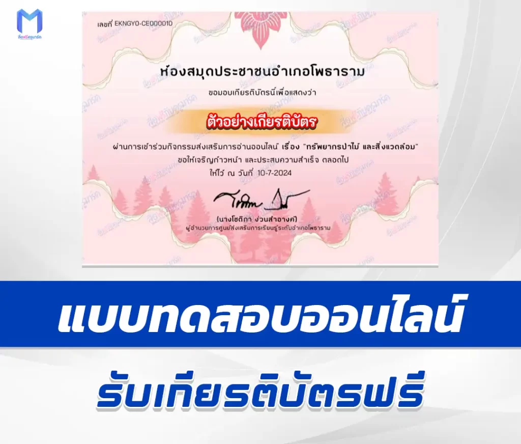 เกียรติบัตรออนไลน์ ทำข้อสอบวัดระดับความรู้ ทรัพยากรป่าไม้ และสิ่งแวดล้อม 2567