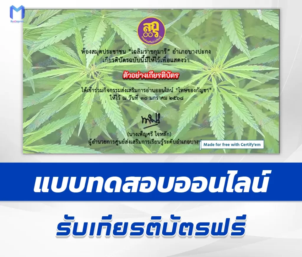 เกียรติบัตรออนไลน์ ทำข้อสอบวัดระดับความรู้ โทษของกัญชา