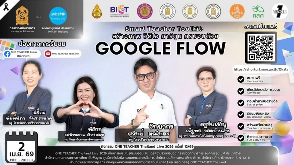 อบรมออนไลน์ฟรี ครั้งที่ 12 OTT LIVE หัวข้อ Smart Teacher Toolkit: สร้างภาพ วิดีโอ การ์ตูน ครบจบด้วย GOOGLE FLOW 2567